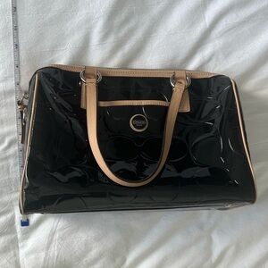 Coach Signature High-Gloss Black Patent Bag with Tan Trim F25189